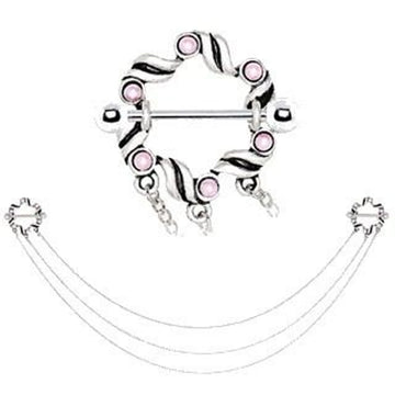 316L Stainless Steel Triple Chain Pink Ribbon Nipple Shields